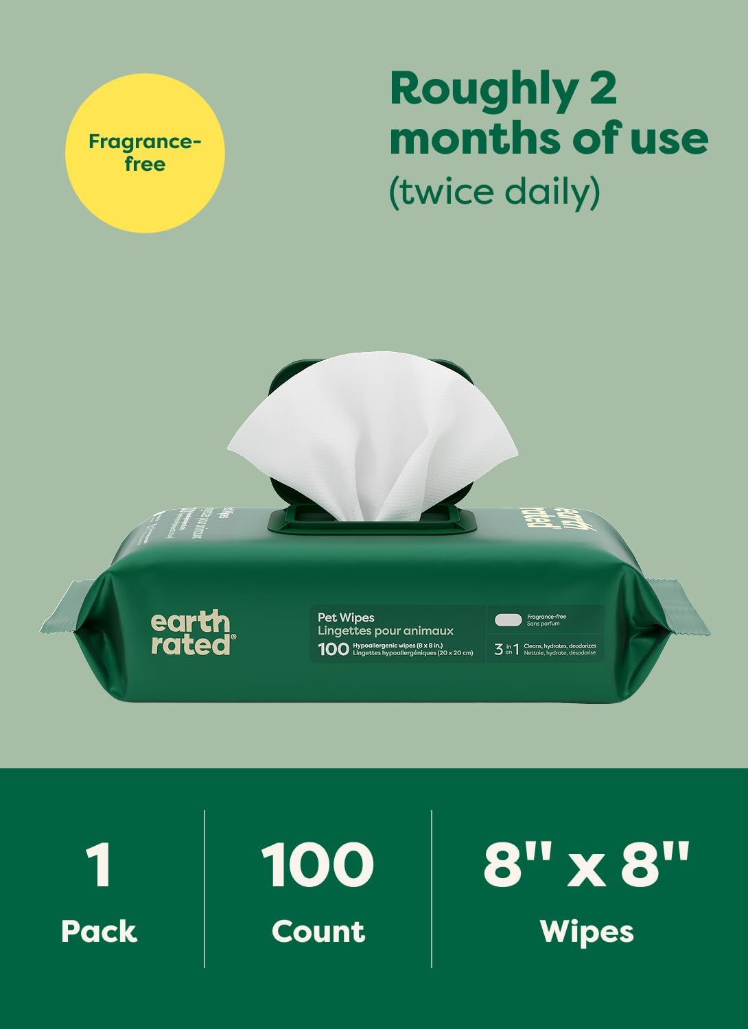 Earth Rated Hypoallergenic Pet Grooming Wipes – 100 Count