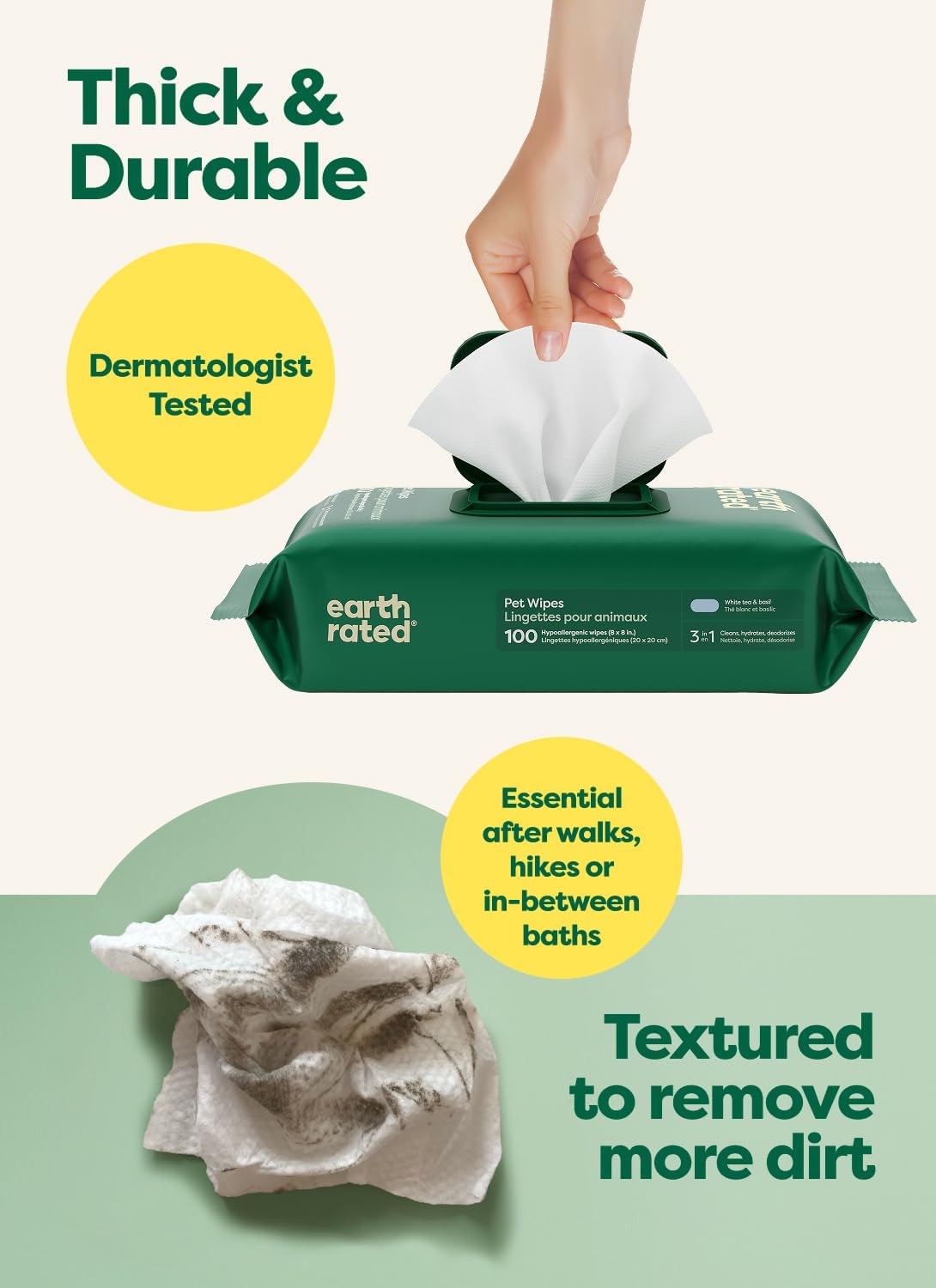 Earth Rated White Tea & Basil Pet Grooming Wipes – 100 Count