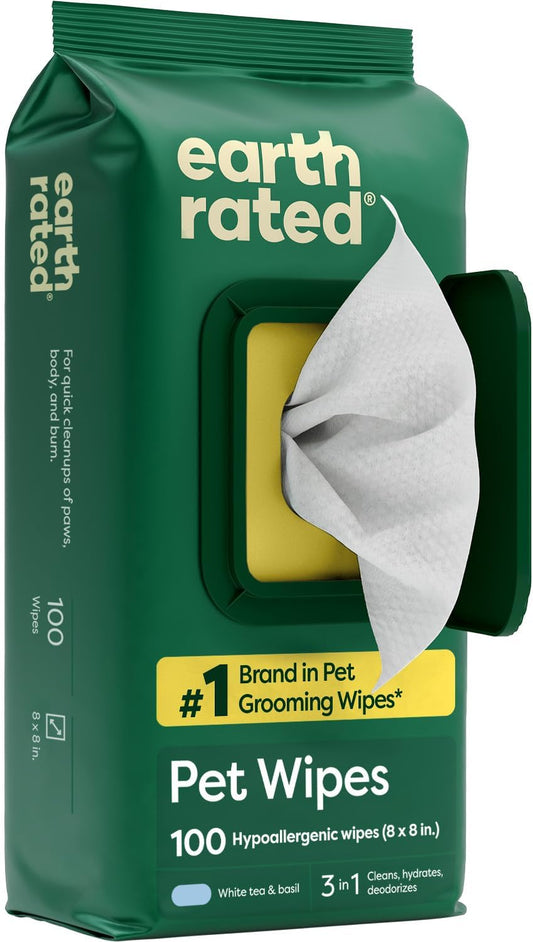 Earth Rated White Tea & Basil Pet Grooming Wipes – 100 Count