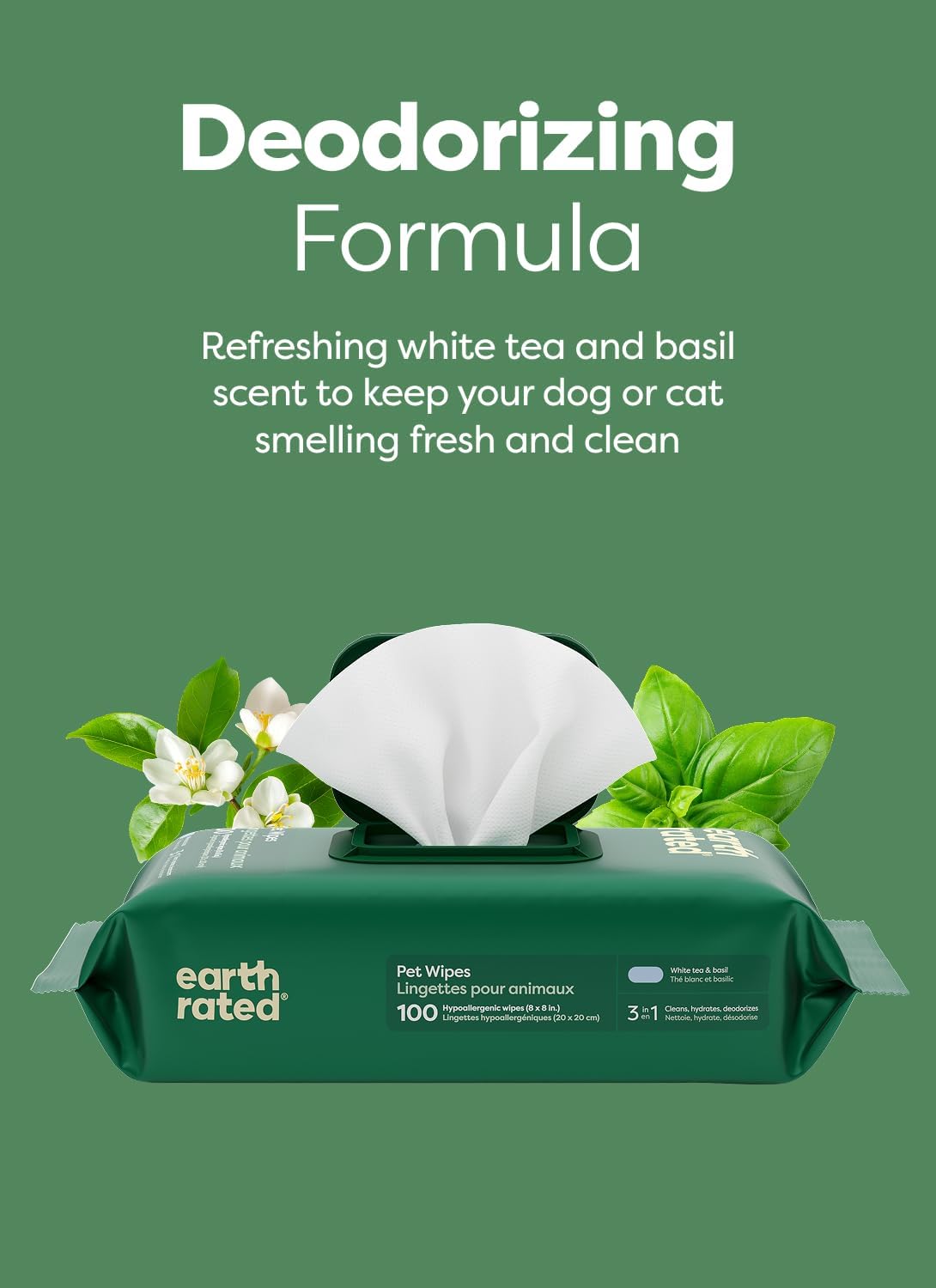 Earth Rated White Tea & Basil Pet Grooming Wipes – 100 Count