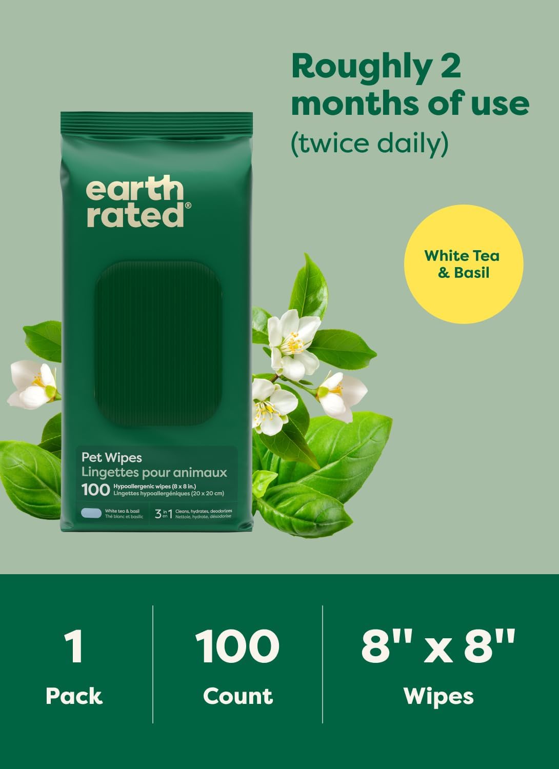 Earth Rated White Tea & Basil Pet Grooming Wipes – 100 Count