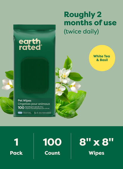Earth Rated White Tea & Basil Pet Grooming Wipes – 100 Count