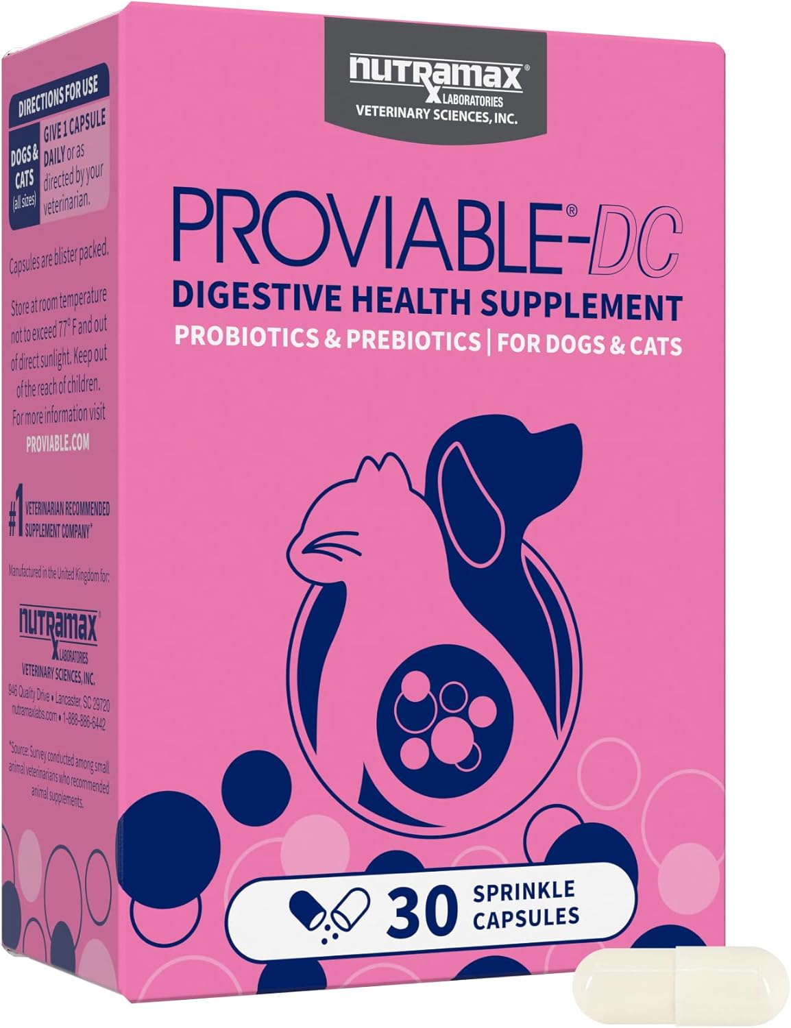 Nutramax Proviable Probiotics for Dogs & Cats – 30 Capsules