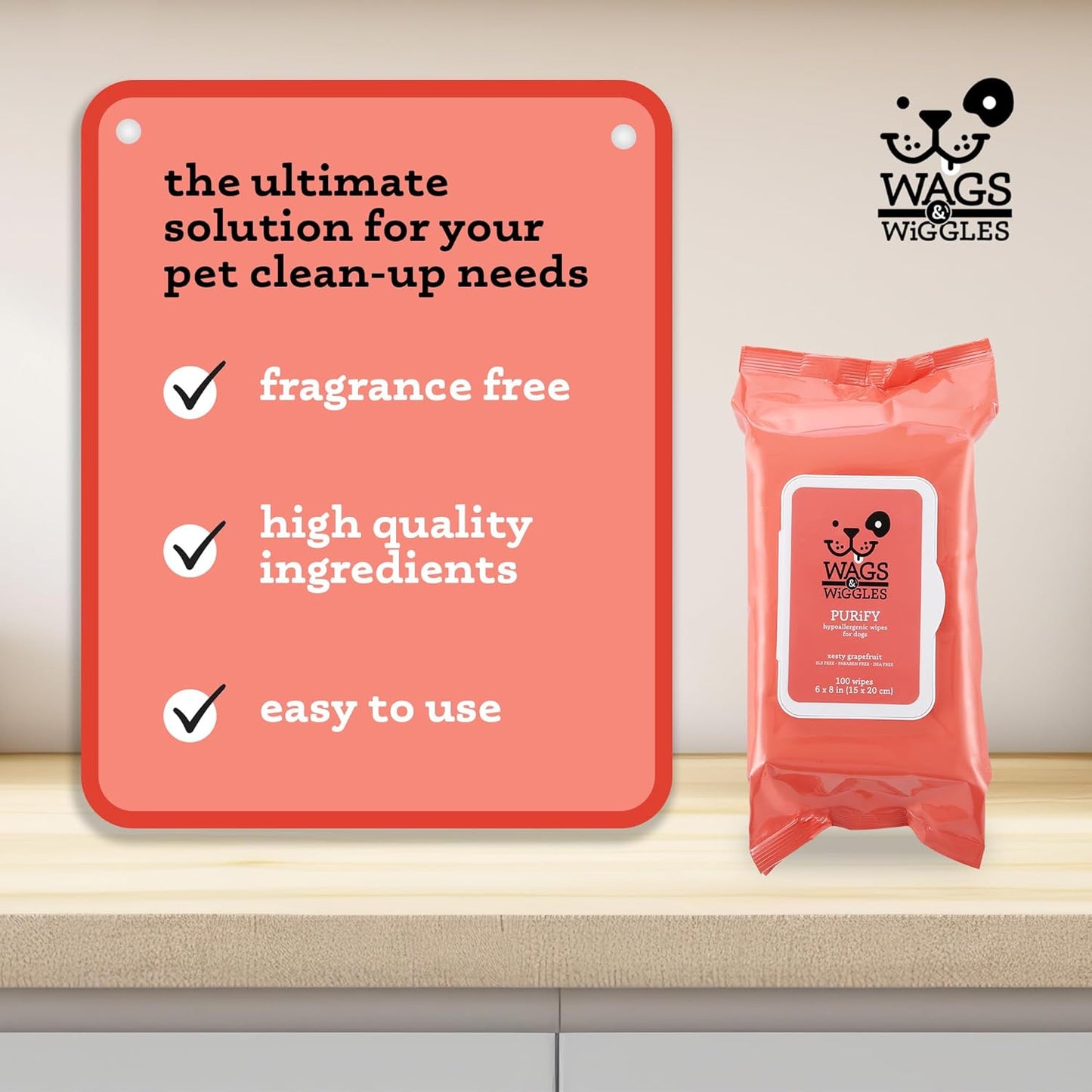 Wags & Wiggles Hypoallergenic Dog Grooming Wipes – 100 Count