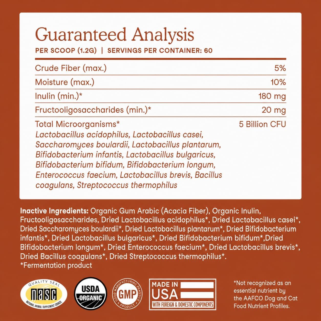Fera Pets Probiotics for Dogs & Cats Organic Gut Health Powder 60 Scoops