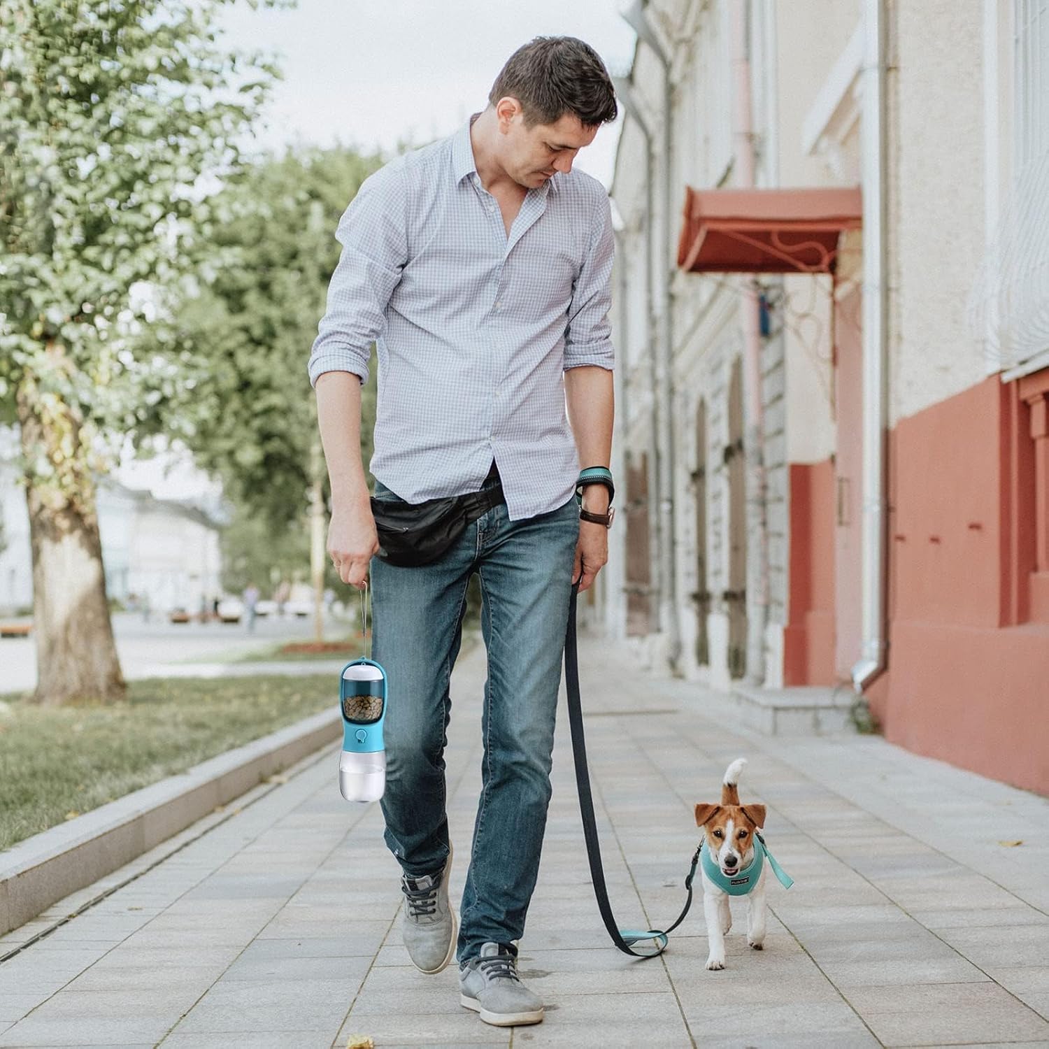 Dog travel water bottle with snack storage