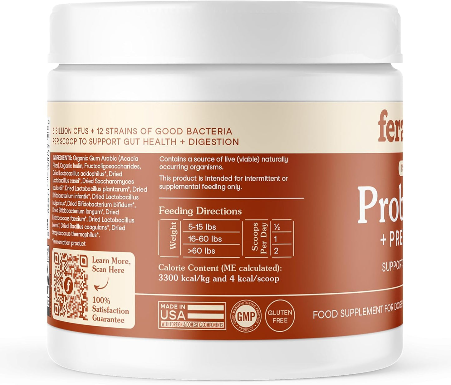 Fera Pets Probiotics for Dogs & Cats Organic Gut Health Powder 60 Scoops