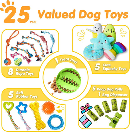 Puppy teething toy set with squeaky toys and treat ball