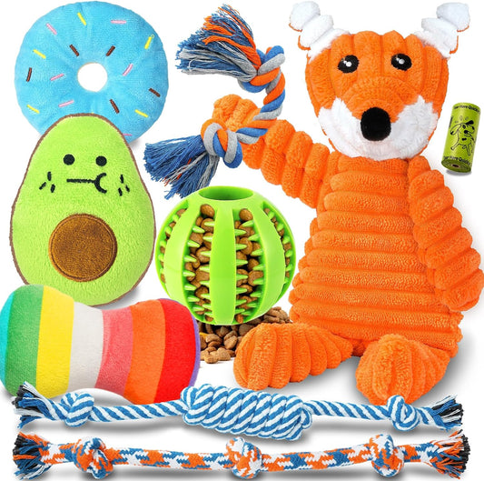 Puppy teething toy bundle with rope and squeaky toys