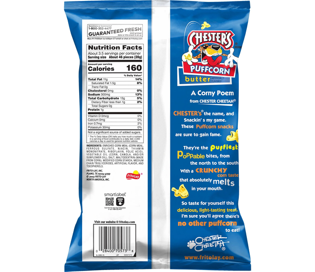 Chester's Butter Puffcorn Snacks Light Crispy Corn Puffs 3.25 Oz Bag