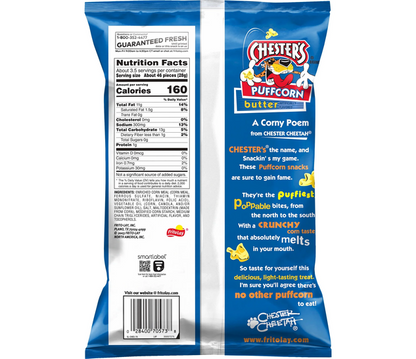 Chester's Butter Puffcorn Snacks Light Crispy Corn Puffs 3.25 Oz Bag